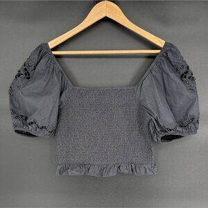 American Eagle Women's Smocked Puff Sleeve Crop Top S Black Going Out Festival